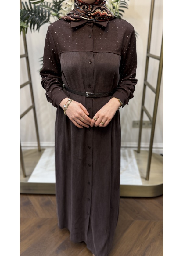 Kemer Detaylı Qupra Elbise Kahve