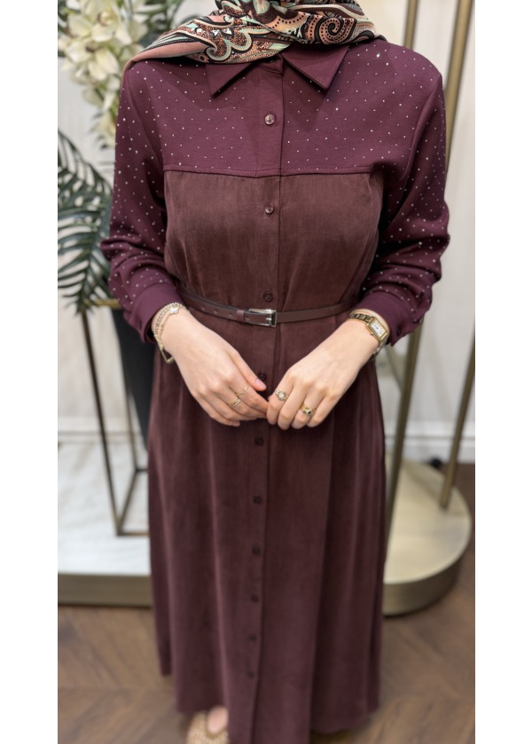 Kemer Detaylı Qupra Elbise Mürdüm