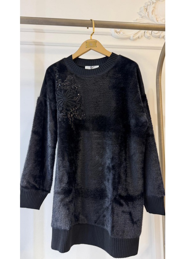 İŞLEME DETAYLI TRİKO TUNİK SİYAH