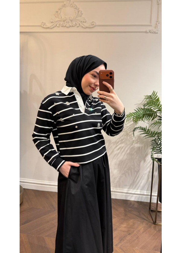 ÇİZGİLİ İŞLEME DETAYI SWEAT ELBİSE TAKIM