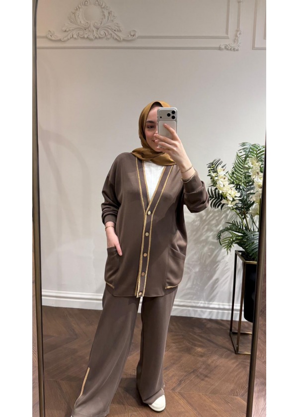 TIĞ TRİKO SİMLİ RİBANALI TAKIM KAHVE