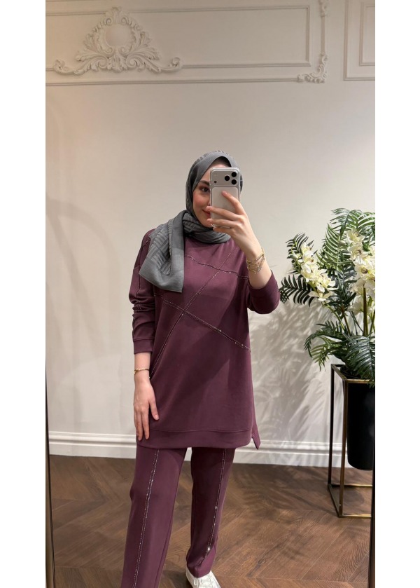 TIĞ TRİKO TAŞ DETAYLI TAKIM OYSHO BORDO