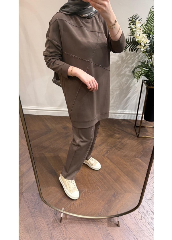 TIĞ TRİKO TAŞ DETAYLI TAKIM OYSHO KAHVE