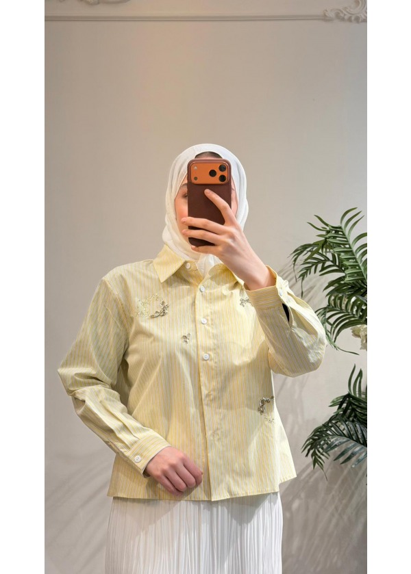 WENNORA SARI ÇİZGİLİ NAKIŞ DETAYLI GÖMLEK