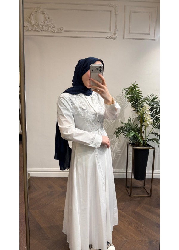 TERZİ DÜKKANI NAKIŞLI KOTON ELBİSE EKRU